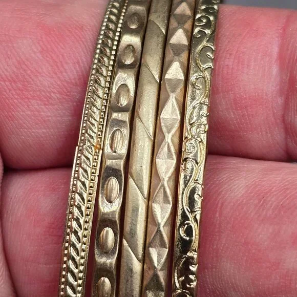 VTG Gold Tone Textured Bangle Bracelets 7" 50s Stackable Eclectic Lot Of 5 - Picture 2 of 4
